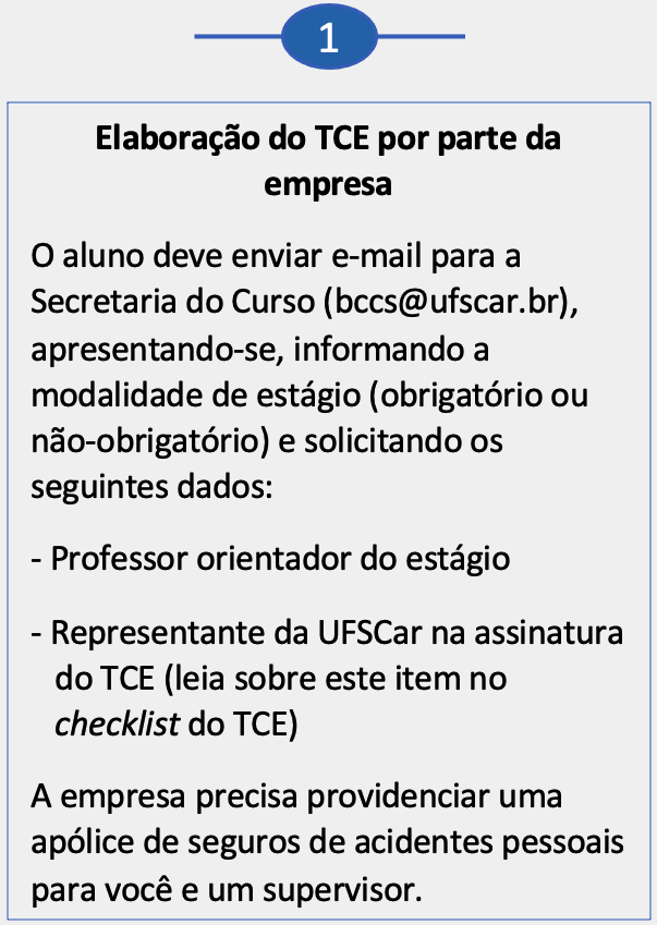Elaboração do TCE por parte da empresa O aluno deve enviar e-mail para a Secretaria do Curso (bccs@ufscar.br), apresentando-se, informando a modalidade de estágio (obrigatório ou não-obrigatório) e solicitando os seguintes dados: - Professor orientador do estágio - Representante da UFSCar na assinatura do TCE (leia sobre este item no checklist do TCE) A empresa precisa providenciar uma apólice de seguros de acidentes pessoais para você e um supervisor.